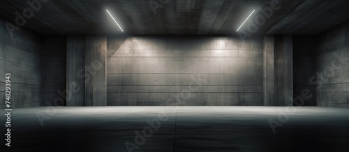 An empty room with concrete walls and bright lights shining against the dark backdrop, creating a stark and industrial atmosphere.