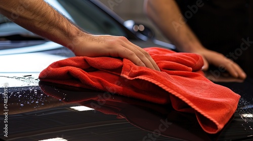 Close-up of a male hands washing car. Water droplets dancing on the fingertips as they cleanse. © Stavros