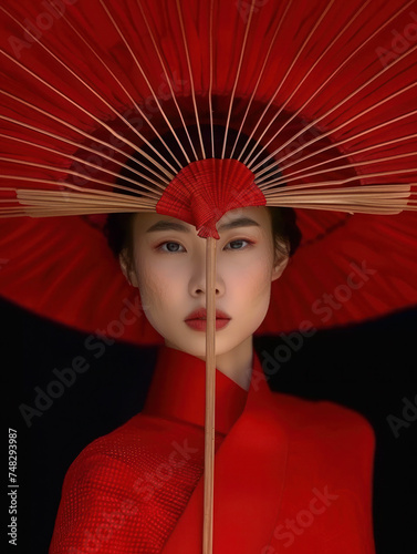 Woman in Red with a Traditional Asian Conical Hat