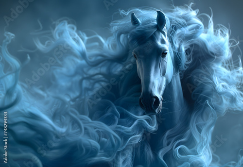 Majestic Blue Horse Emerging From Misty Enchantment in a Surreal Setting. AI.
