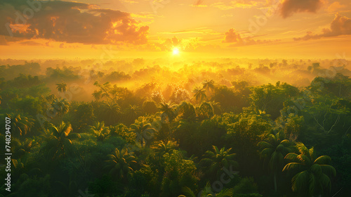 Serene Amazon Sunrise and Sunset: A Breathtaking Journey Through the Vibrant Green Forest, Captured from a Drone's Perspective