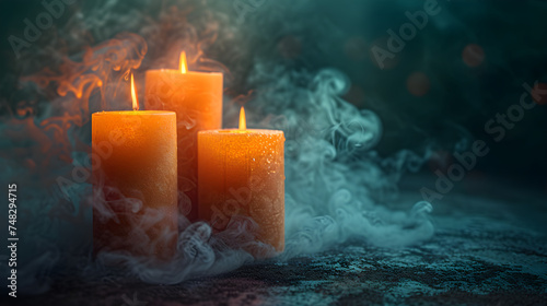 A candle burns and smokes at night