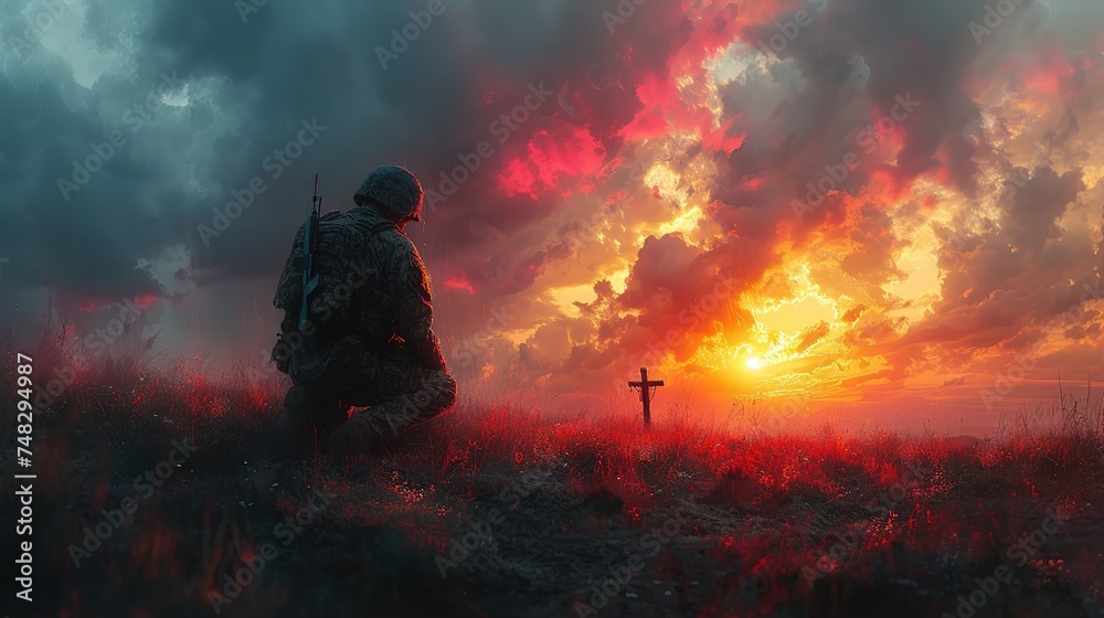 a soldier prays at the cross of a grave in a field a soldier prays at the cross of a grave in a field