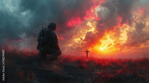 a soldier prays at the cross of a grave in a field