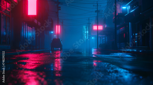 A Dystopian Nightscape: Cyberpunk Illustration of a Futuristic City Shrouded in Rain Fog, Evoking a Moody, Empty and Unsettling Atmosphere