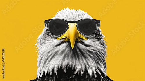 Águia careca em óculos de sol isolados em fundo amarelo. ilustração 3d