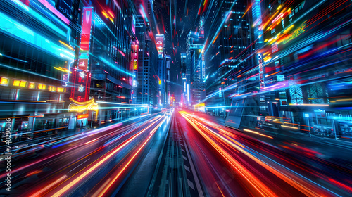 A Thrilling Journey Through the Futuristic Metropolis: Neon-Lit Skyscrapers, Speed Light Trails, and a Sense of High-Speed Virtual Reality, Captured by Advanced AI Technology