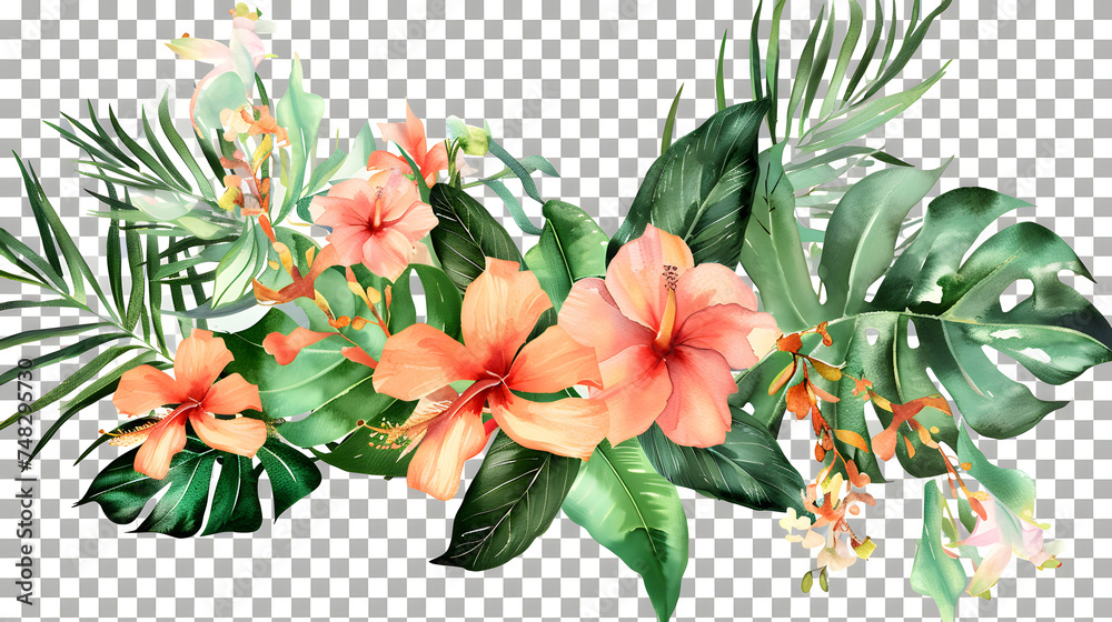 Vibrant Watercolor Bouquet: Tropical Spring Floral Beauty in a Transparent PNG Background - Perfect for Greeting Cards and Wedding Decorations, Enhanced by Generative AI