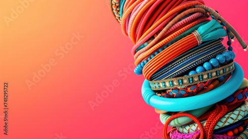 An exuberant display of various bracelets in vivid hues of pink, blue, and orange, featuring intricate patterns and textures, set against a vibrant orange and pink background