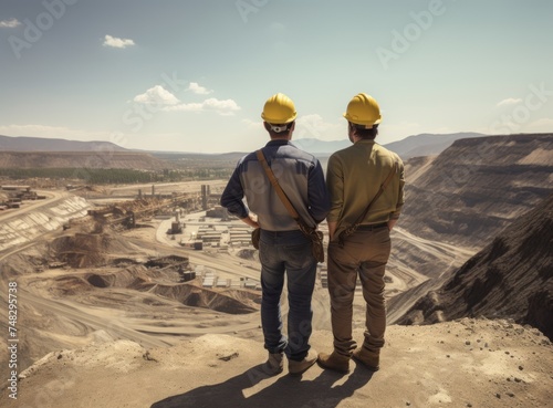 Team of engineers standing in the open pit and looking at the construction site