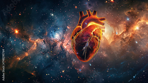 An accurate digital illustration of a human heart, set against a sparkling space background.