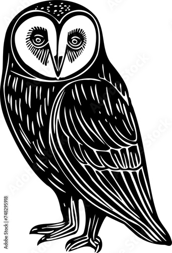 Cute owl black silhouette linocut illustration. Black outline bird art.
