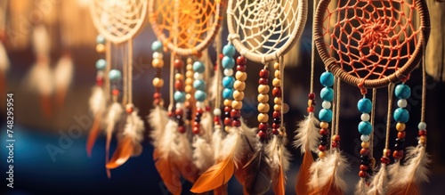 A collection of dream catchers, traditional Native American crafts believed to filter out bad dreams, hanging on a wall in an illuminated corridor interior design. photo