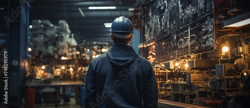 Back view of a engineer or factory worker standing in front of a factory at night.