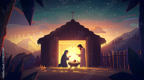 Celebrating the Birth of Christ: A Heartfelt Nativity Scene Illustration Featuring Baby Jesus, Mary, and Joseph in a Banner Background photo