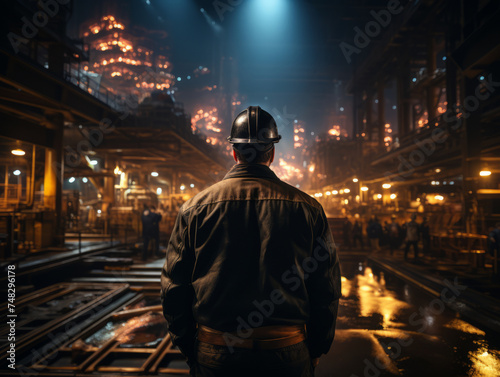Back view of a engineer or factory worker standing in front of a factory at night.