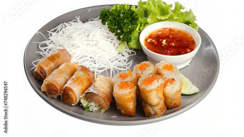 Vietnamese Fried Spring Rolls with Dipping Sauce and Salad