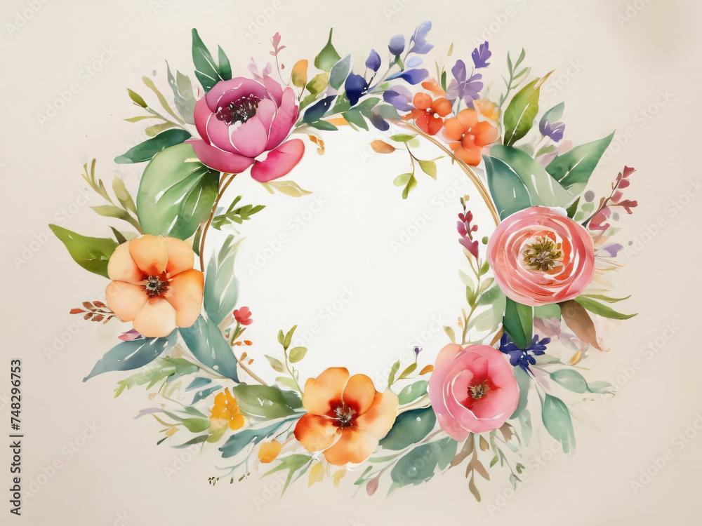 A whimsical delight of flowers arranged in a watercolor circle design, adding charm and whimsy to heartfelt greetings. Generative AI