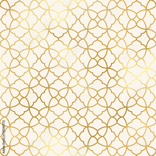 Arabic style seamless pattern. Vector gold oriental ornament on beige background. Islamic traditional texture for backgrounds, wallpapers, textile patterns, decoration