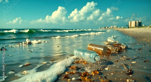 plastic bottles lying on the sandy beach, hinting at pollution by the sea, the concept of an unclean beach
 photo