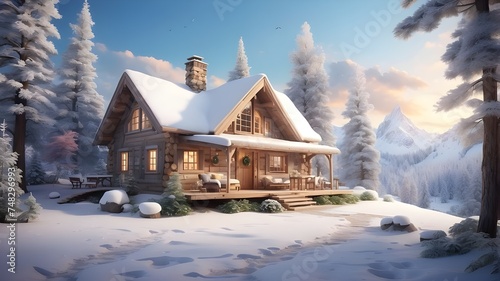 house in winter forest, "Step into a winter wonderland with a cozy cabin nestled in a snowy landscape, rendered in a whimsical and dreamy fashion."