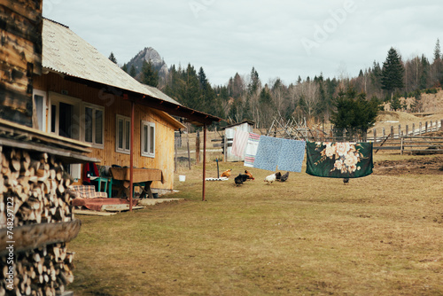 Landscape showing a yard of a rustic house in the mountains, representing the simple life of country people.  photo