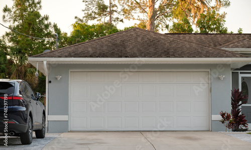 Car parked in front of wide garage double door on concrete driveway of new modern american house photo