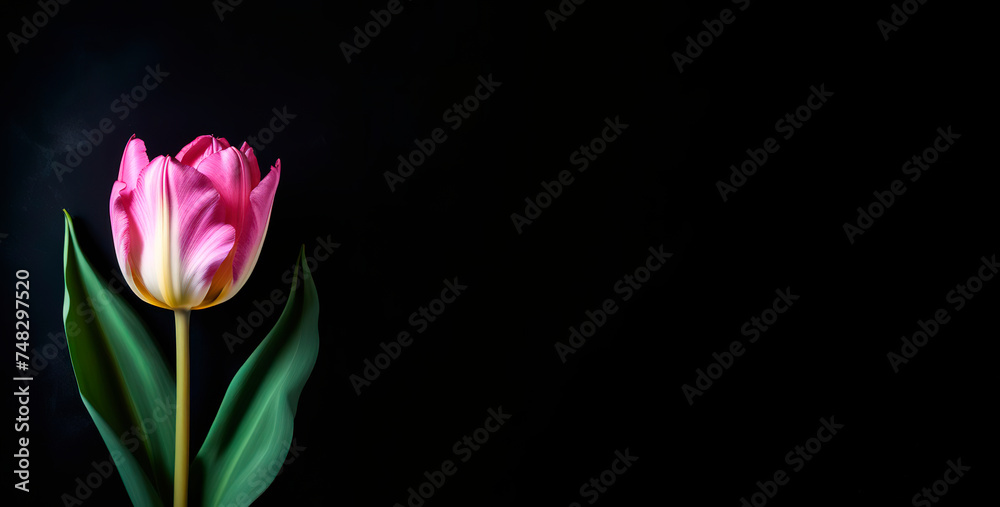 Fototapeta premium Fresh spring pink flowers banner tulip on black solid backgroung free space for text green leaves march 8 mother's day botany floral