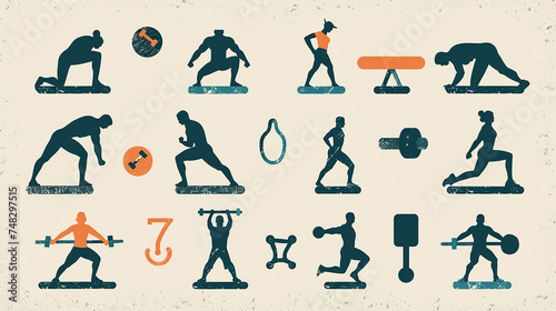 A series of workout icons such as a push-up silhouette, a squat symbol, and a jumping jack icon, illustrating exercise movements. photo