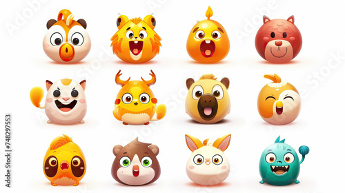 Cute Animal Emoticons  Expressive Animal Faces for Messaging Apps. Isolated Premium Vector. White Background