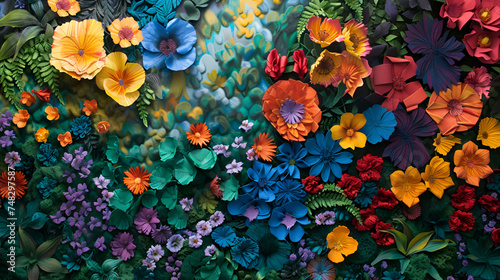 a painting of many different colored flowers and leaves