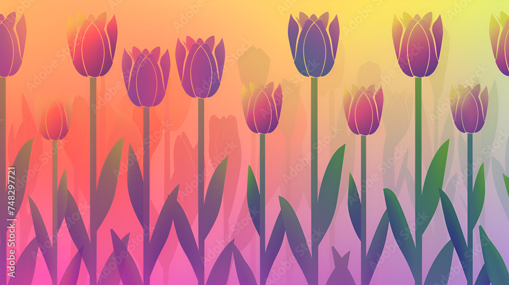 Purple tulips in a meadow painting with a rainbow backdrop