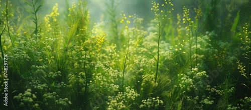 A vibrant field of green grass dotted with bright yellow flowers under the spring sunlight.