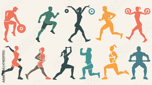 A set of exercise icons like a stretching figure, a weightlifting silhouette, and a jogging symbol, illustrating fitness activities. © Ibraheem