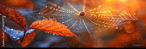 Spider web with dew drops 3d image, Multi colored spider web glistens with dew drops