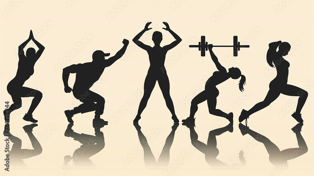 A set of exercise icons like a stretching figure, a weightlifting silhouette, and a jogging symbol, illustrating fitness activities.