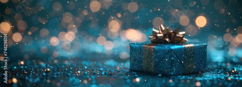 a blue box sitting on top of a glittery background