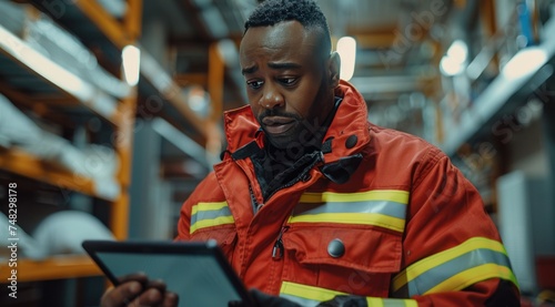 a firefighter looks at a tablet computer while working at a factory