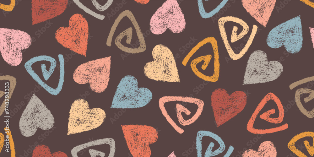 Asymmetric Seamless Pattern of Hand-Drawn Bright Scribbles and Hearts on Dark Background. Style of Children's Drawing. Asymmetric Seamless Pattern of Hand-Drawn Bright Scribbles and Hearts on Dark Background. Style of Children's Drawing.