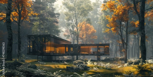 a black modern cabin in the forest