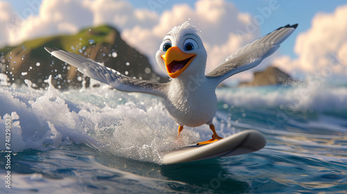 Cartoon character serfing seagull, concept of travel and relax photo