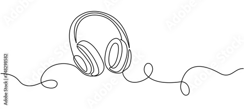 Continuous editable line drawing of headphones. Musical sound wave. Headset concept for music listening, playlists. Vector illustration.