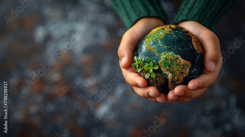 Child holding crystal Earth Globe and growing tree. Earth Day banner with copy space. An environmental message aimed at protecting the planet, saving the environment, and promoting ecology.