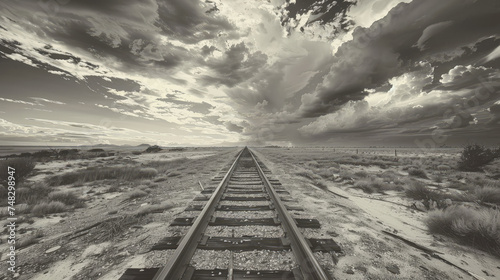 A black and white image of a train track stretching into the distance, with wooden ties and metal rails. The track disappears into the horizon with no trains in sight