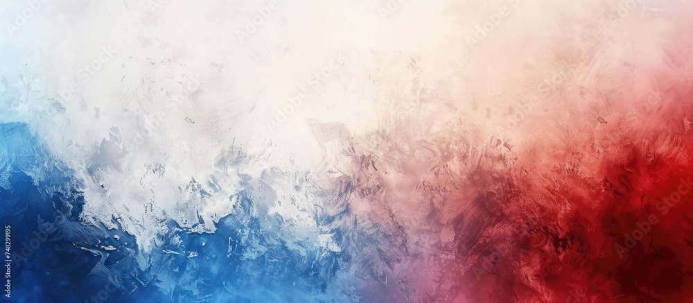 A painting featuring bold red, white, and blue colors set against a clear blue sky background. The colors blend abstractly, creating a dynamic and eye-catching composition.