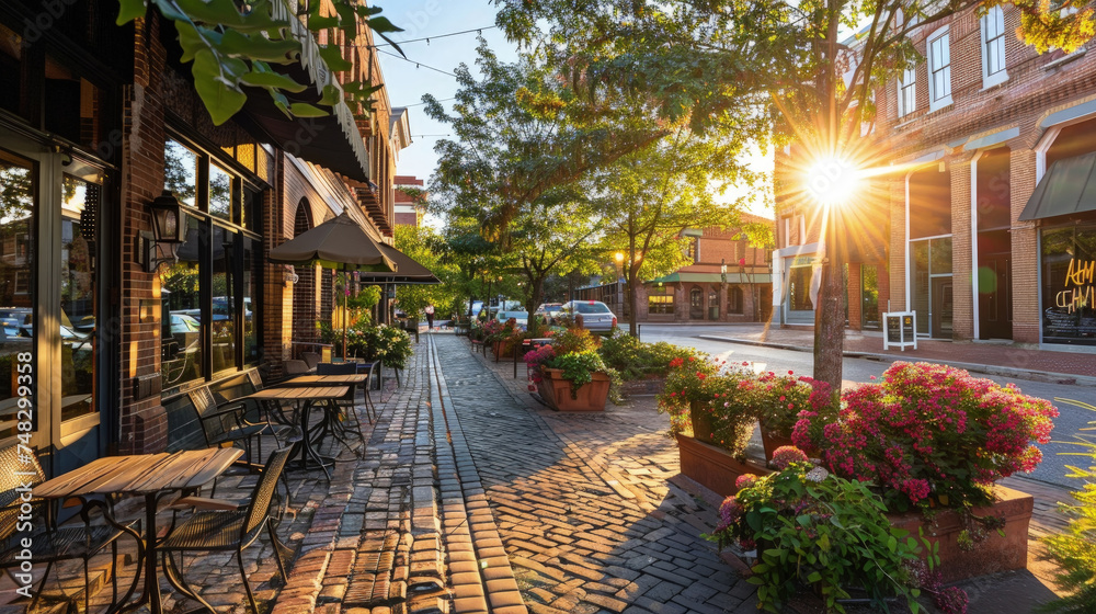 A cobblestone street is lined with wooden tables and chairs, creating an inviting outdoor dining space