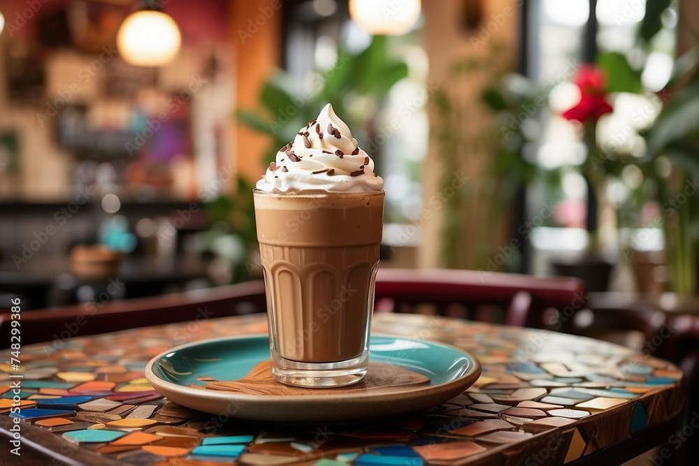 A close-up shot of a chocolate cold coffee placed elegantly on a rustic wooden table in a cozy coffee shop. A close-up shot of a chocolate cold coffee placed elegantly on a rustic wooden table in a cozy coffee shop.