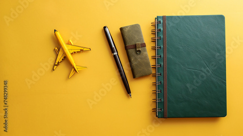 A travel-themed notebook, a pen set, and a travel planner on a solid gold background.