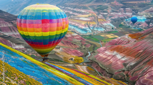 A vibrant hot air balloon floats gracefully above a valley, showcasing a colorful spectacle against the backdrop of nature