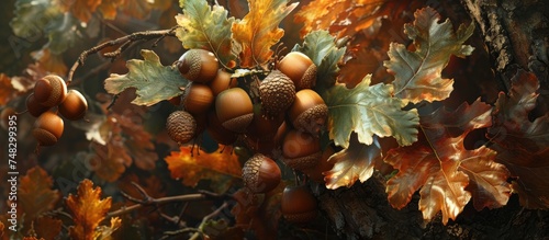 A cluster of acorns hang from the branches of a tree. The acorns are a valuable food source for various animals, including humans, during times of scarcity.
